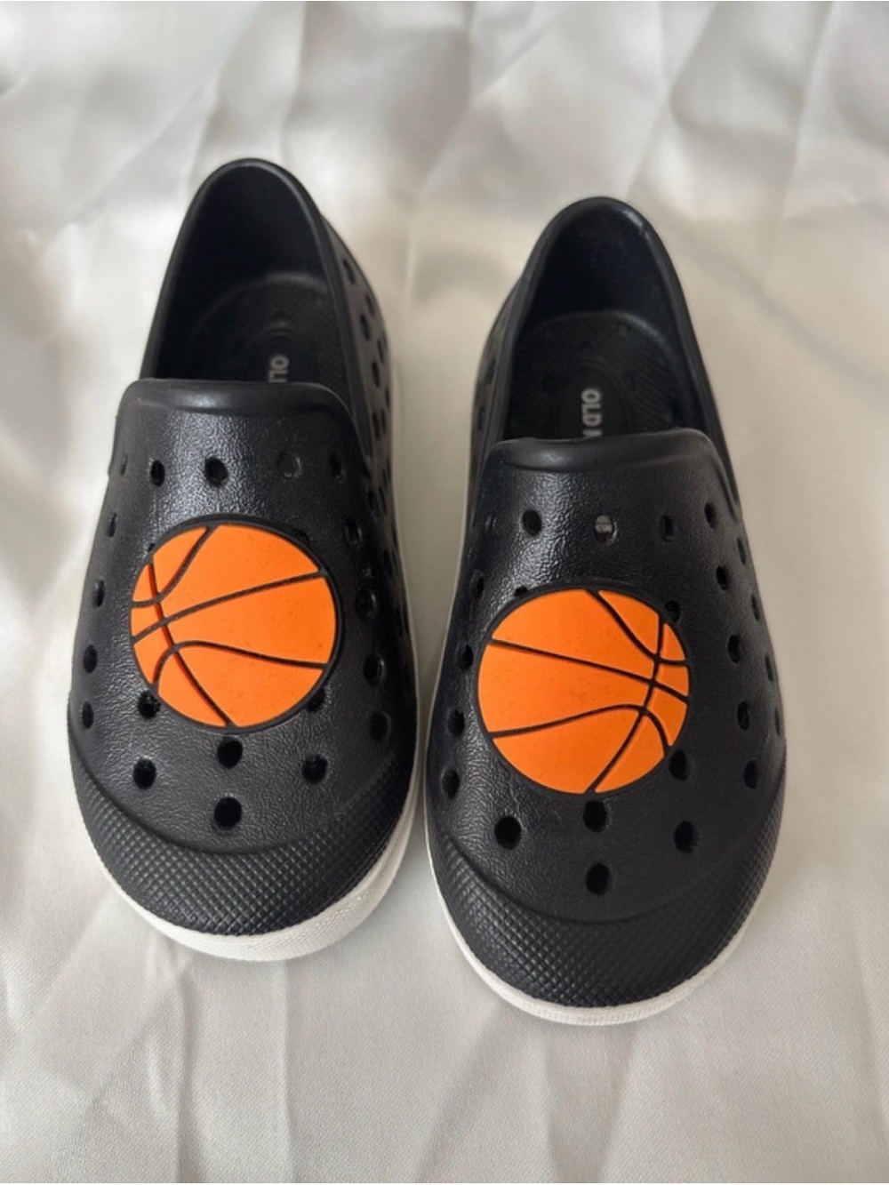 Old Navy Black Kids Slip-On Water Shoes with Orange Basketball Accent